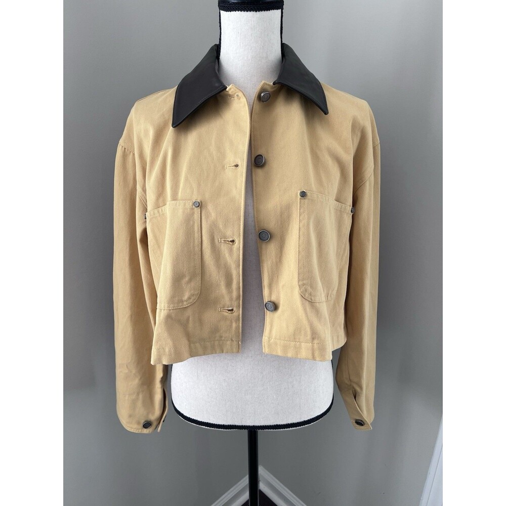 NWT Elodie Yellow Cropped Trucker Jacket Faux Leather Collar Size Medium